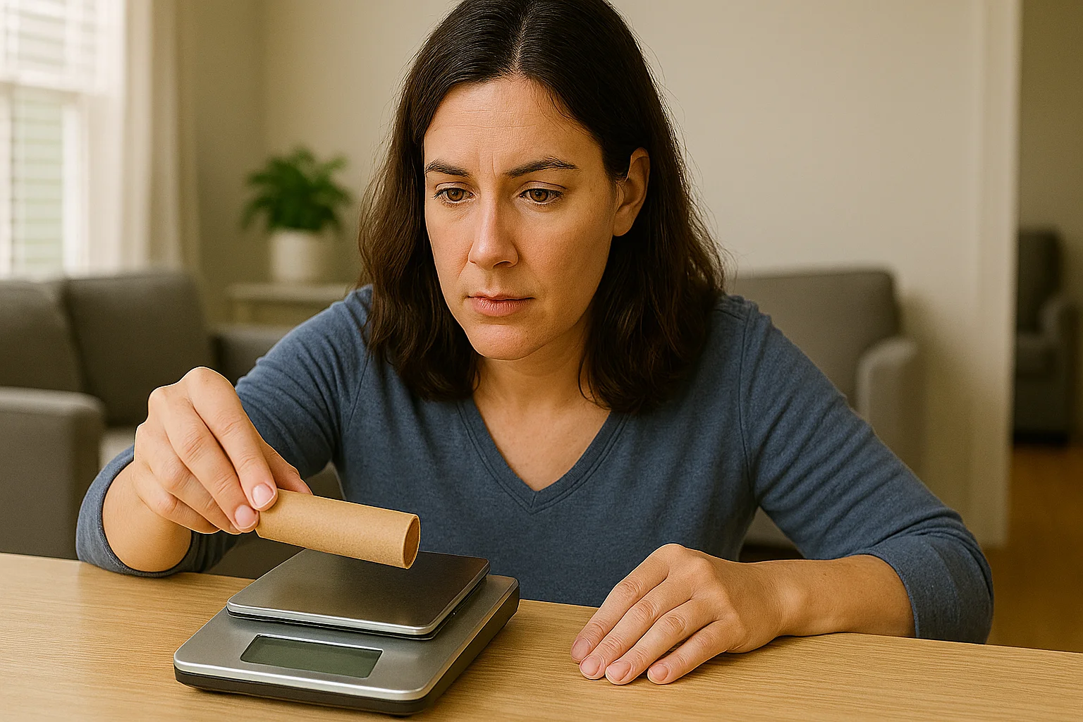 A woman carefully places a roll of dimes on a digital scale to check its weight for hidden silver value.