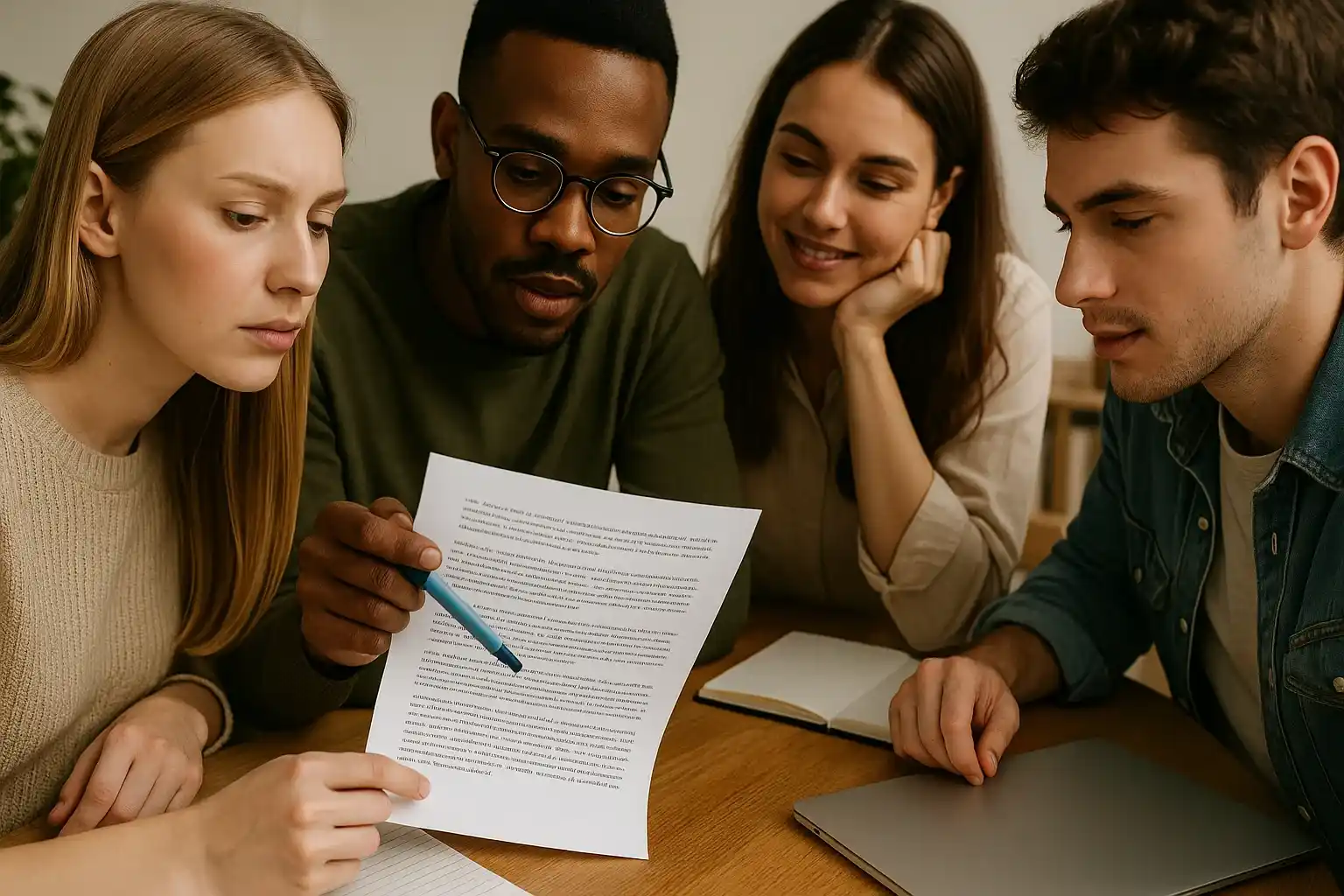 A group of students discusses a printed handout in bionic reading format, one pointing at the text with a marker while others listen attentively.
