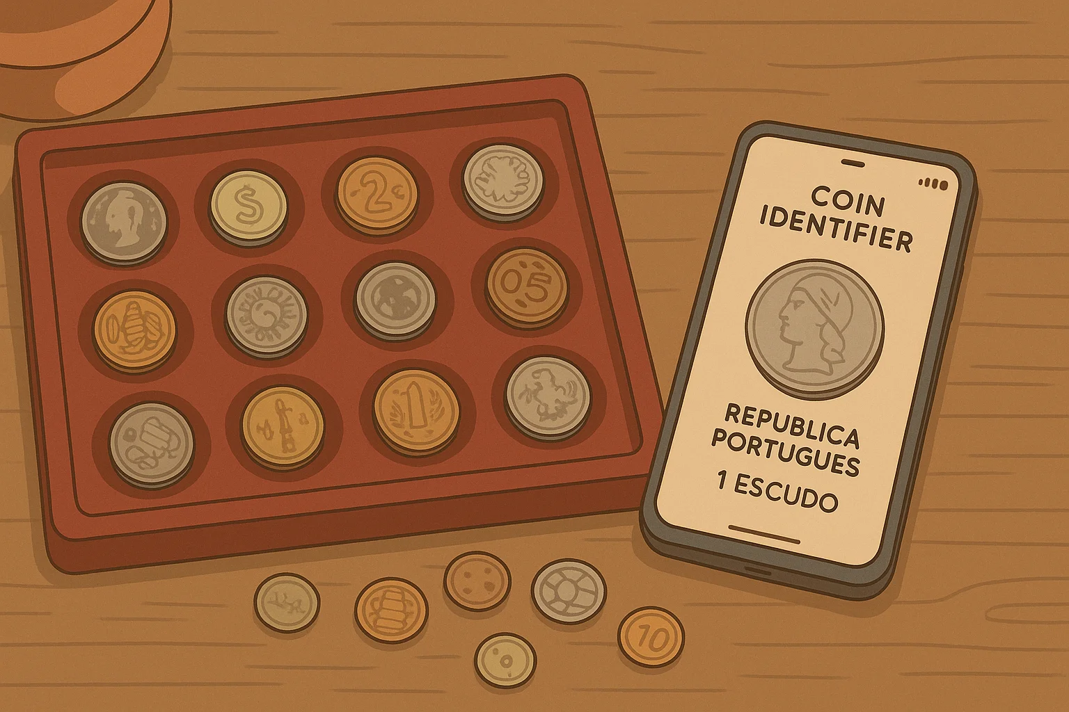 A set of foreign coins lies next to the smartphone with a coin identifier app opened.