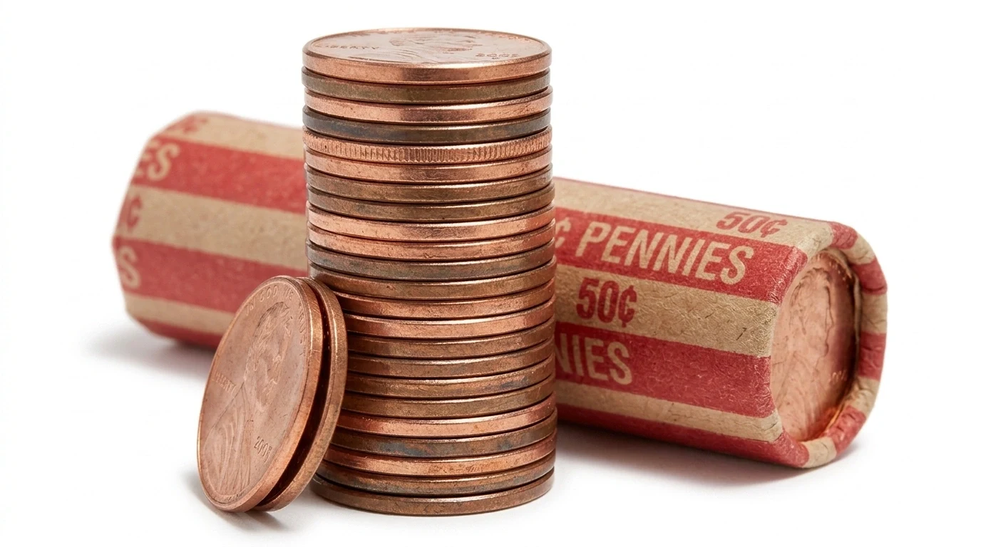 Stack of pennies beside a wrapped roll