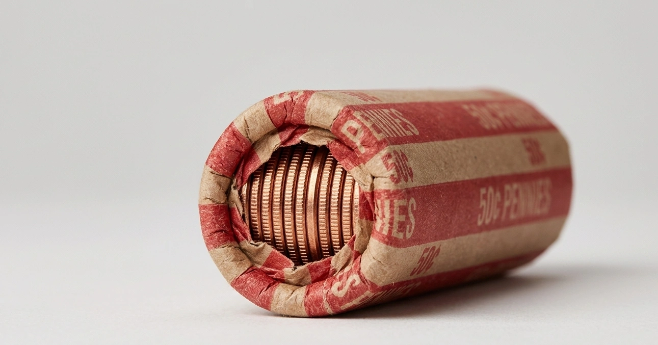 Close-up of a sealed roll of US pennies with visible coin edges